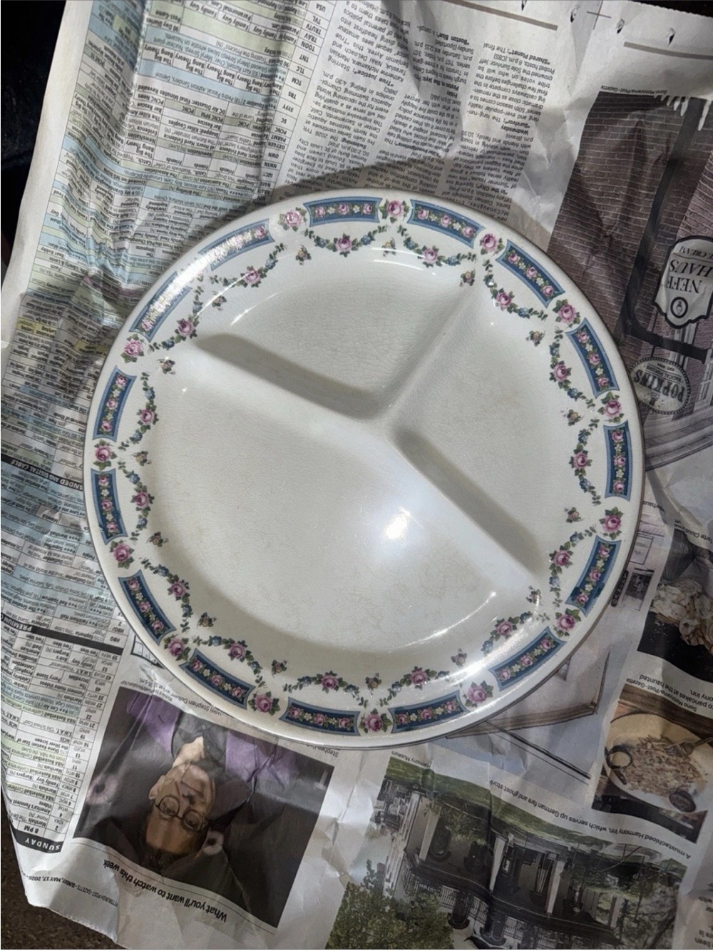 Vintage Floral Divided Dinner Plate - White with Pink & Blue Trim-never used